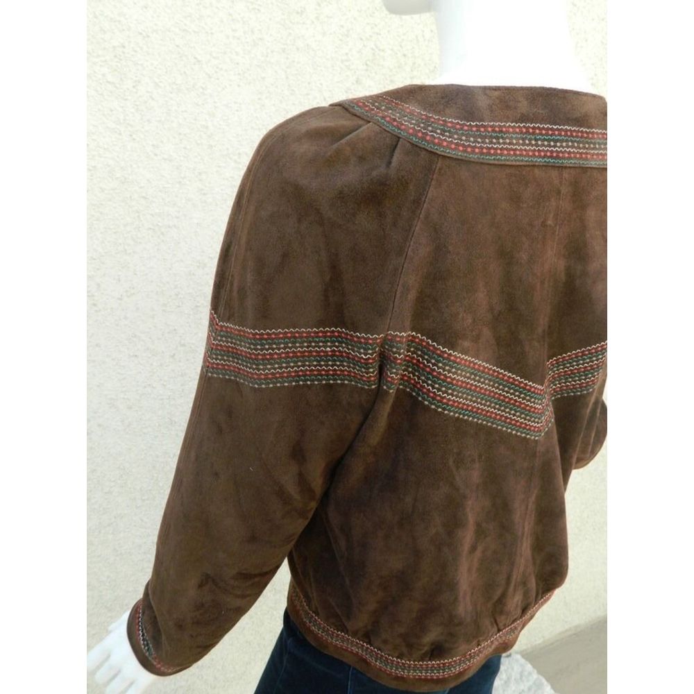 Vintage CACHAREL Jacket Size Medium Brown Suede Embroidered Boho Chic Festival - Picture 5 of 11
